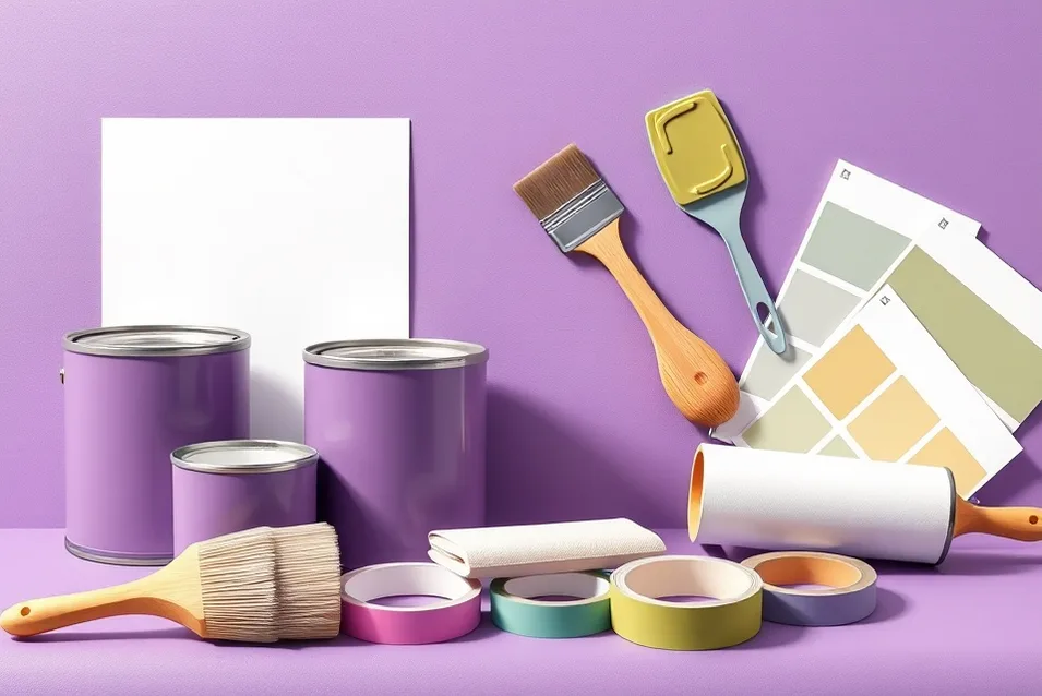 Pots de peinture, nuancier, brosses et rouleaux disposés à plat