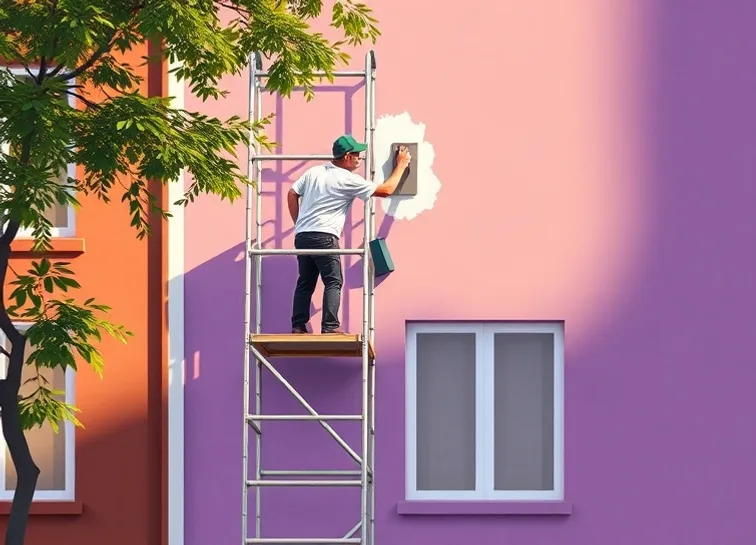 Peintre sur échafaudage traitant la façade d'une maison